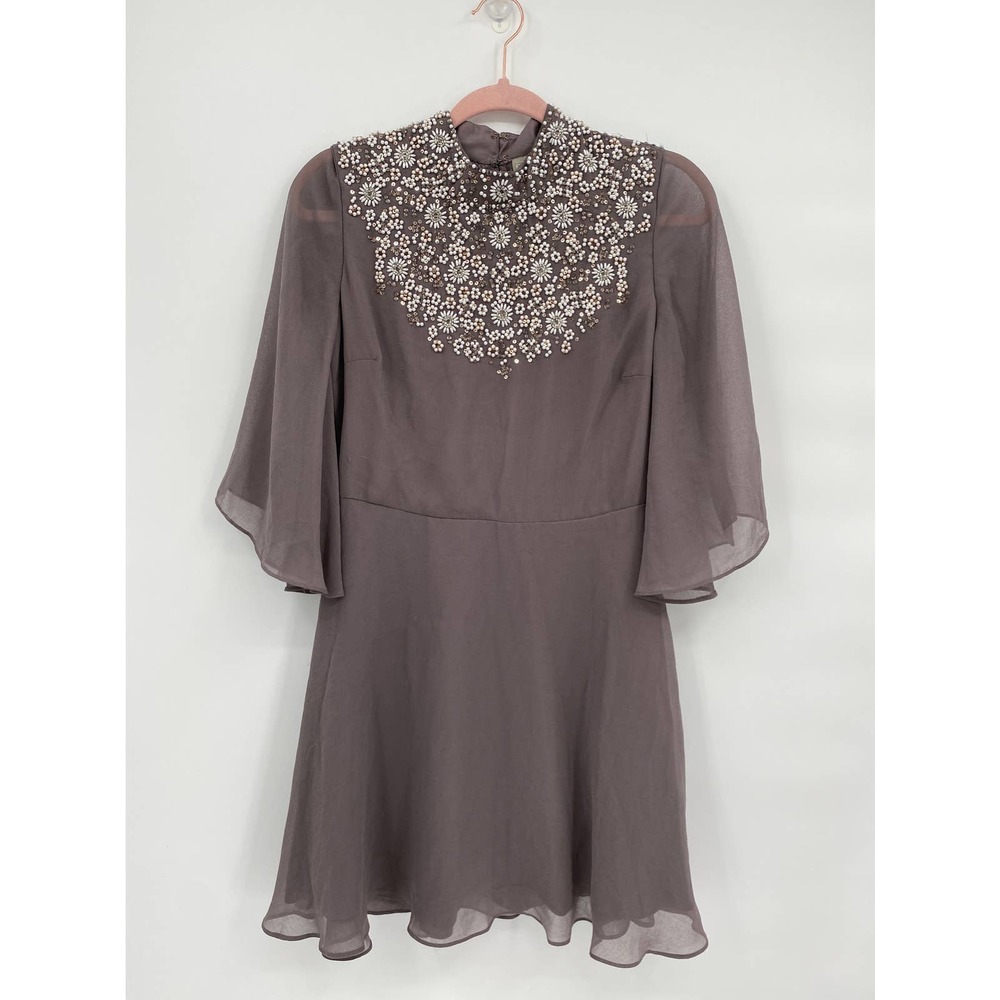 ASOS Embellished Floral Flutter Sleeve Mini Dress Gray Size 6